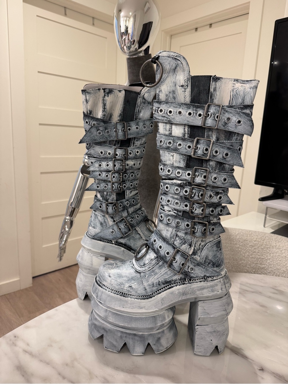 Dolls Kill Distressed White Multi-Strap Platform Heeled Boots